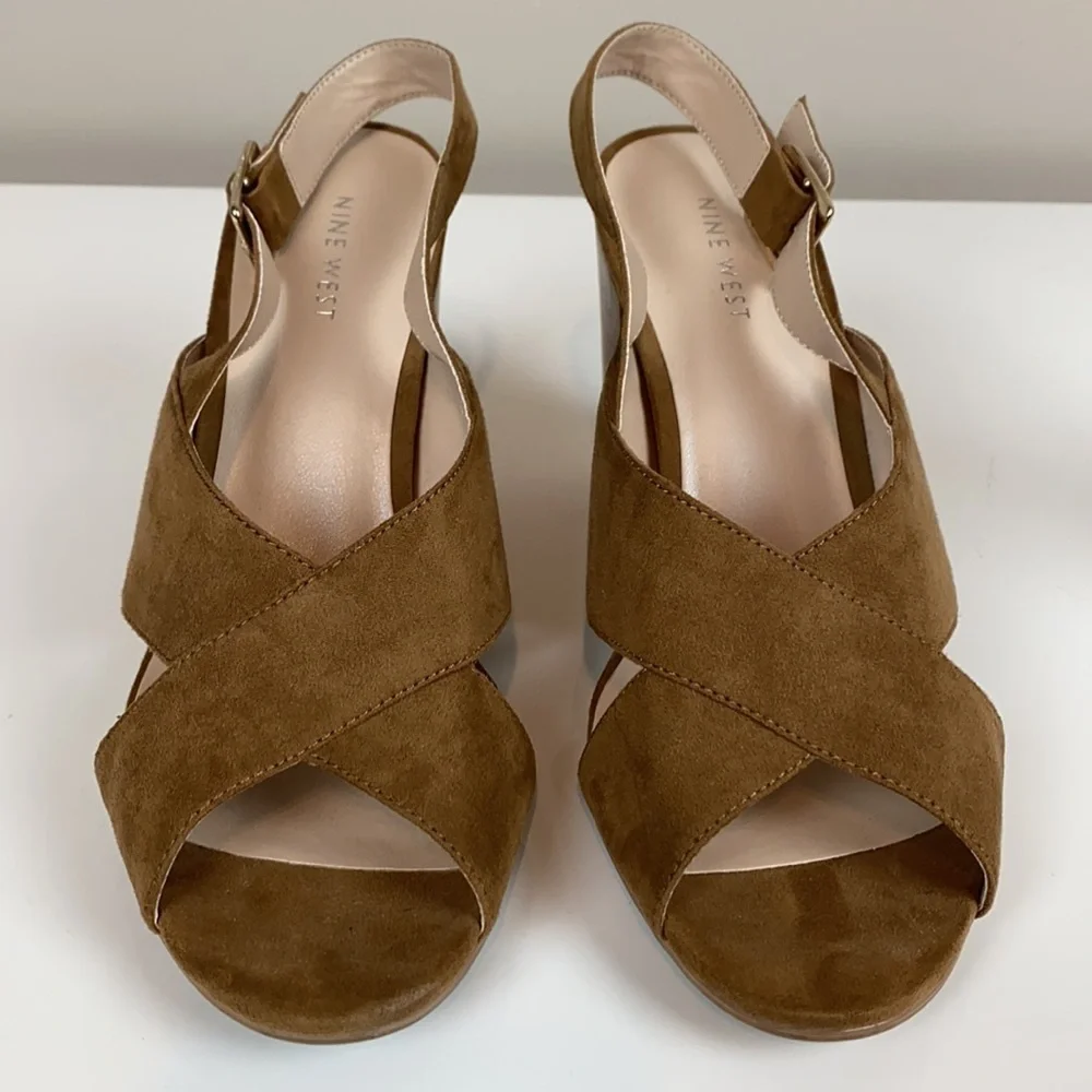 Nine West Alba Tan Open Toe Block Heel Slingback Sandal Size 9 - Picture 5 of 13